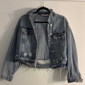 Light Blue Distressed Cropped Denim Jacket - Women